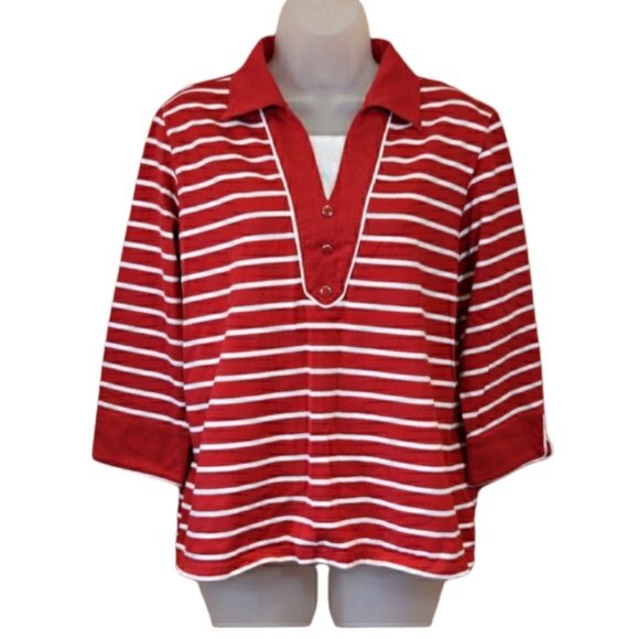 Drapers & Damon's Red   Striped Layered Look Top Holiday Preppy Top Lg - Picture 1 of 11